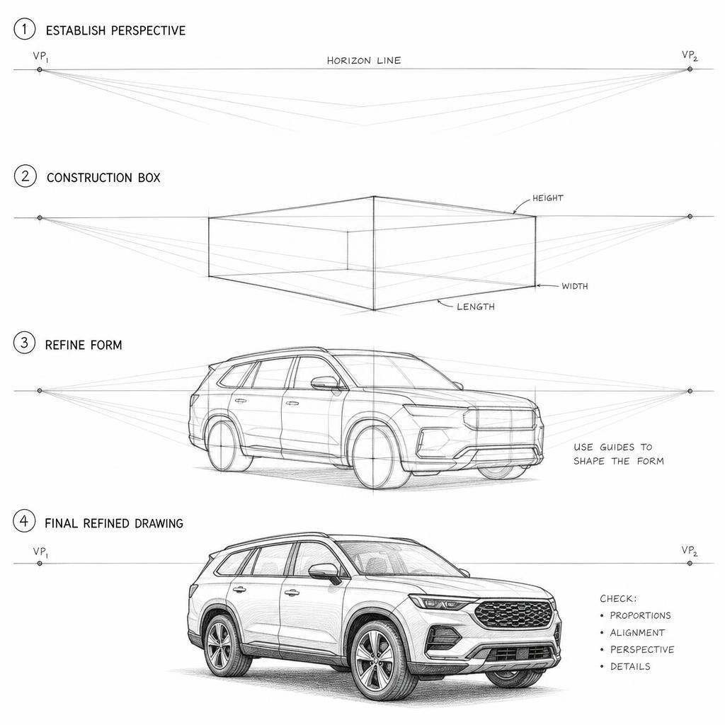 Урок перспективы: построение автомобиля с точками схода